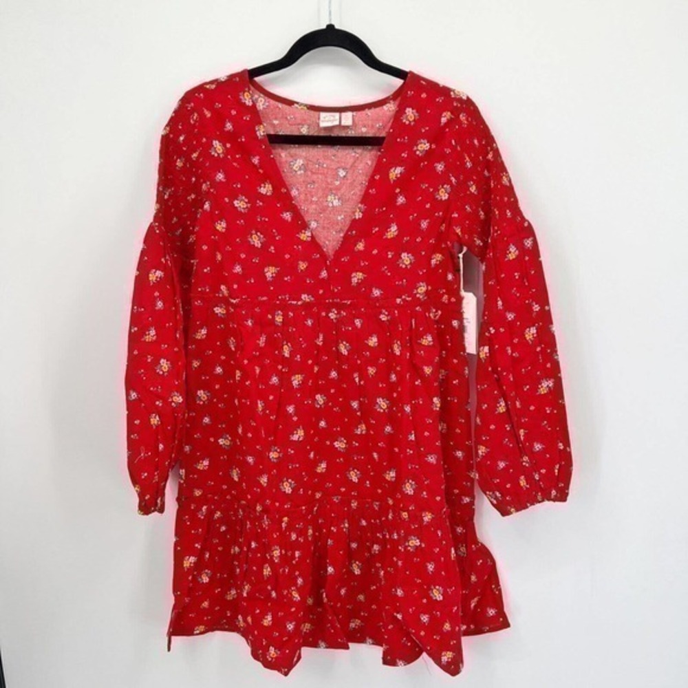 Billabong X Wrangler Dress Women Small Red Floral Tiered Smocked Prairie Cottage